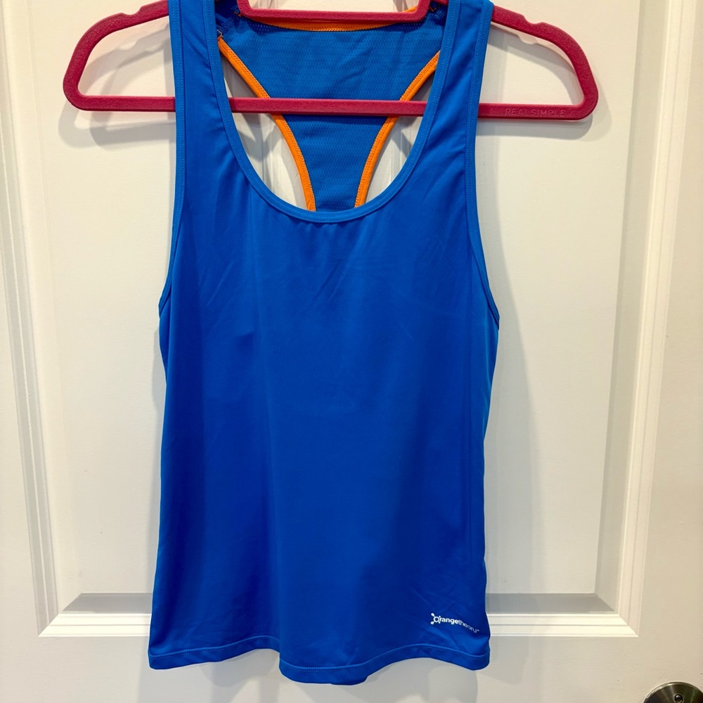 Women’s SZ XS Orangetheory Blue Mesh Racer back Tank w/Orange Trim & OTF Logo